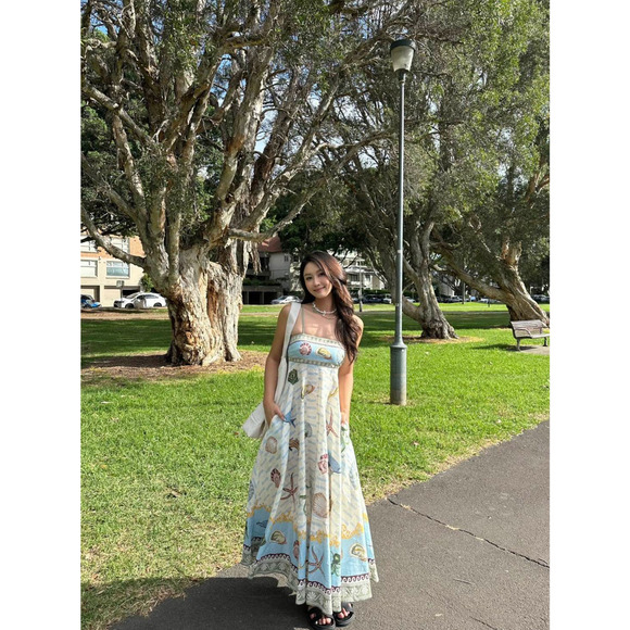 ALEMAIS + Sam Pauletto Bath House printed smocked linen midi dress US 4 - Picture 10 of 11